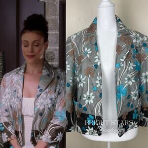 Rare Floral Silk Jacket ASO Phoebe Halliwell Charmed Gray Blue Flower Medium
